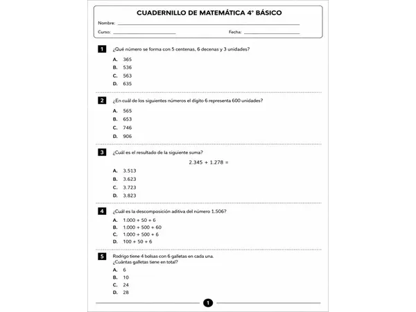 Cuadernillo SIMCE Matemática 4° Básico | 80 preguntas tipo SIMCE | Todos los ejes