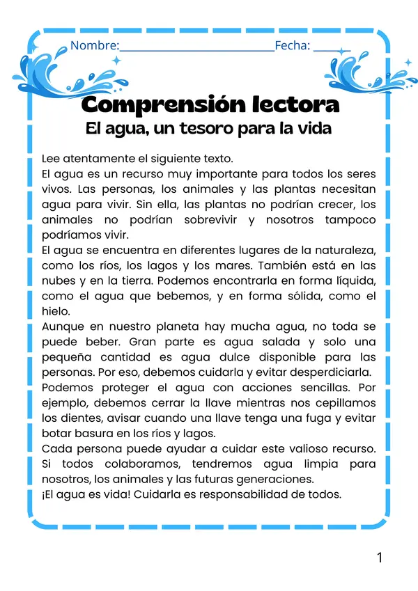 Título:  Guía de Comprensión Lectora: [El agua] (Texto Informativo) Impulso lector