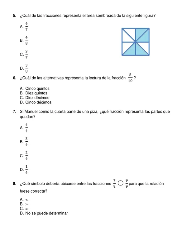 Prueba "División, fracciones y tiempo" Tercer año.