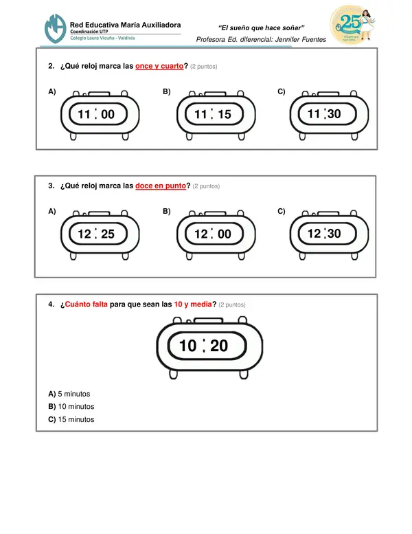 Prueba matemática NEEP "La hora, figuras 3D, objetos en cuadrícula" 3° básico