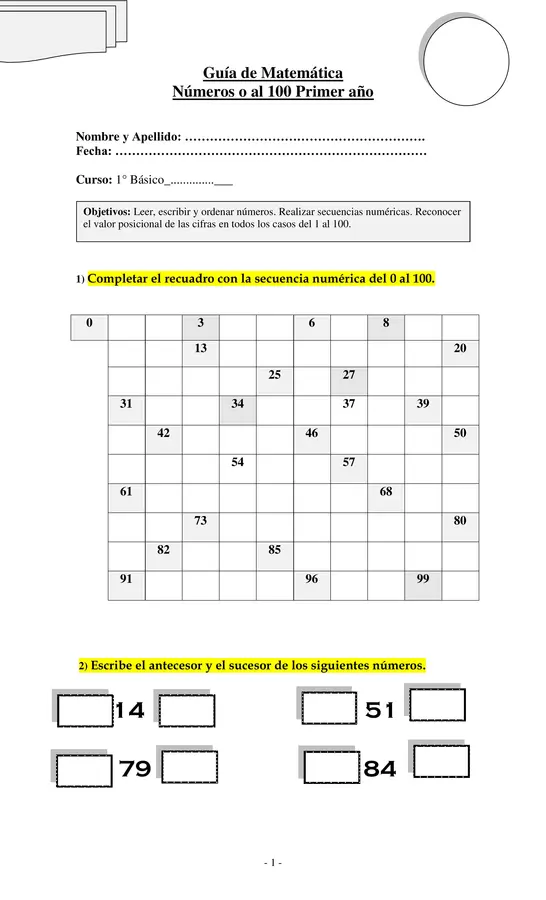 Guía editable de matemática de números  del 0 al 100 en formato Word Primeros años