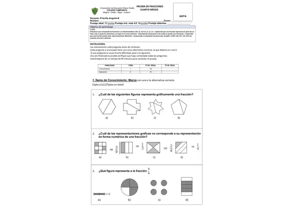 Evaluación de fracciones 4° Básico 