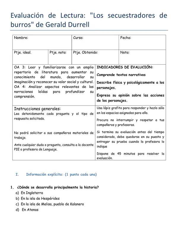 control de lectura de "Los secuestradores de burros"