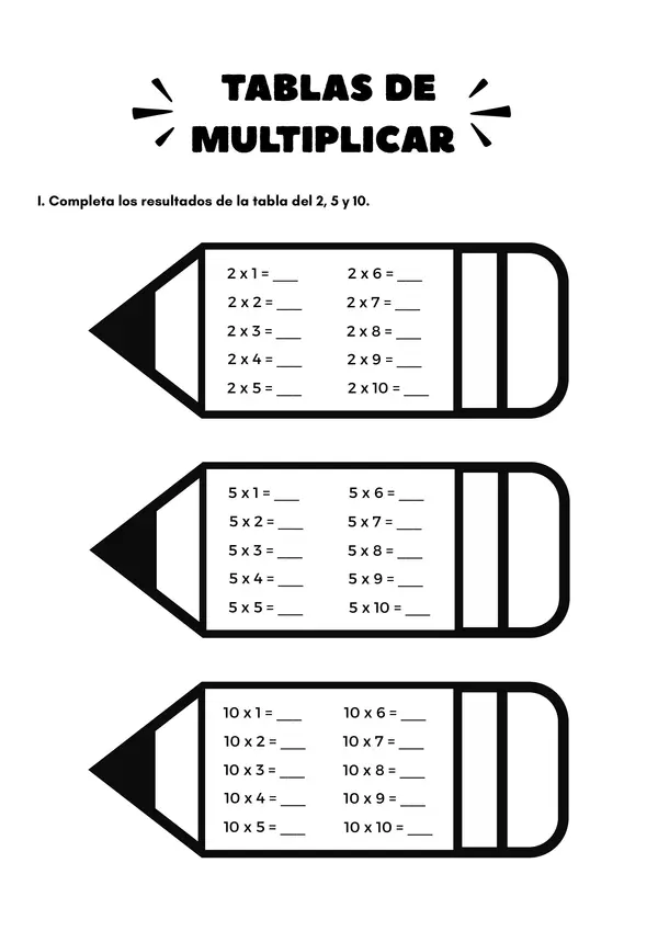 TABLAS DE MULTIPLICAR: 2, 5 Y 10
