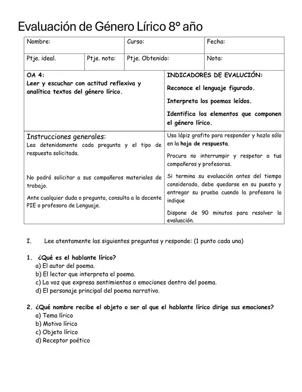 Evaluación género lírico tipo SIMCE
