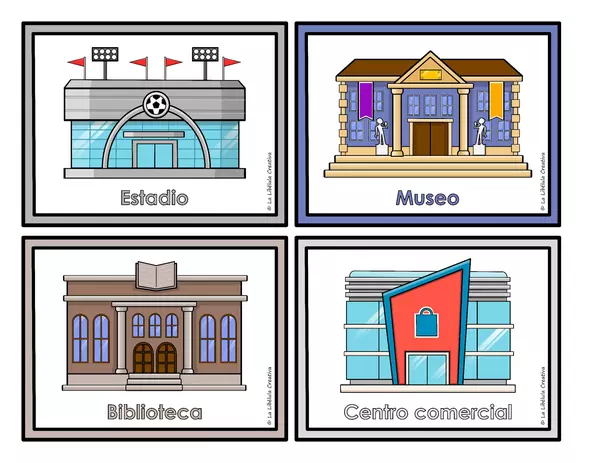 Tarjetas Ilustrativas Ciudad Lugares Edificios Español Recortar Color