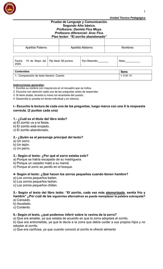 Prueba Plan lector El zorrito abandonado