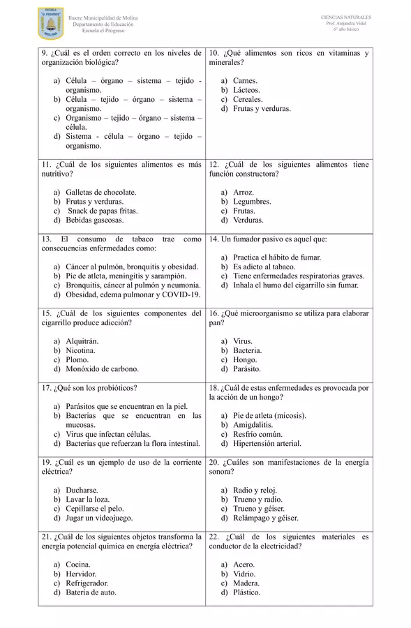 Evaluación diagnóstica - Ciencias Naturales (6° año básico)