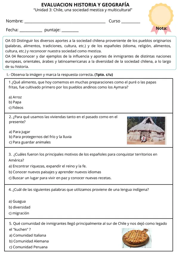  Evaluación de Historia: Chile, una sociedad mestiza y multicultural Unidad 3