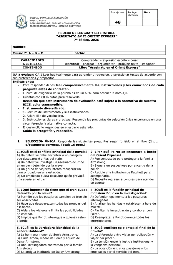 Evaluación "Asesinato en el Orient Express"