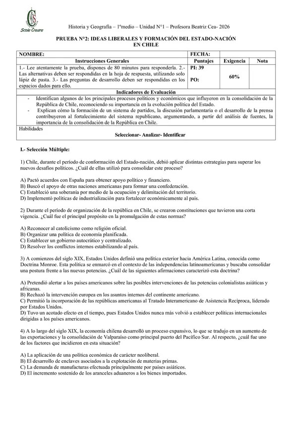 Evaluación: Conformación Estado- Nación de Chile