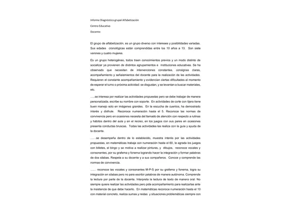 Diagnóstico de agrupamiento de alfabetización 1 
