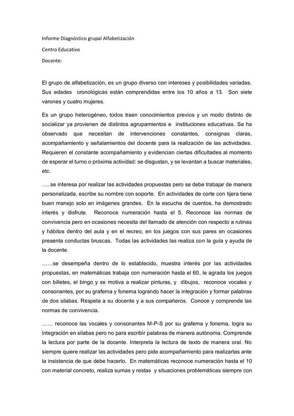 Diagnóstico de agrupamiento de alfabetización 1 