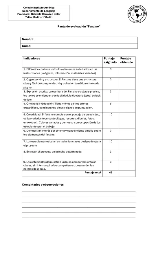 Pauta de evaluación fanzine