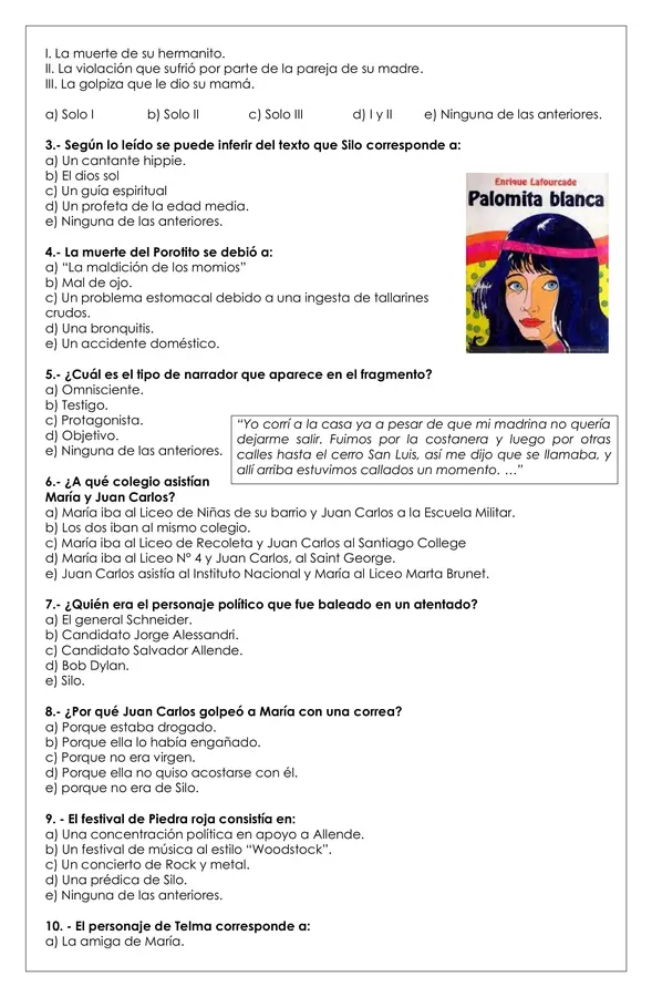 Prueba Lectura - Palomita Blanca (Enrique Lafourcade)