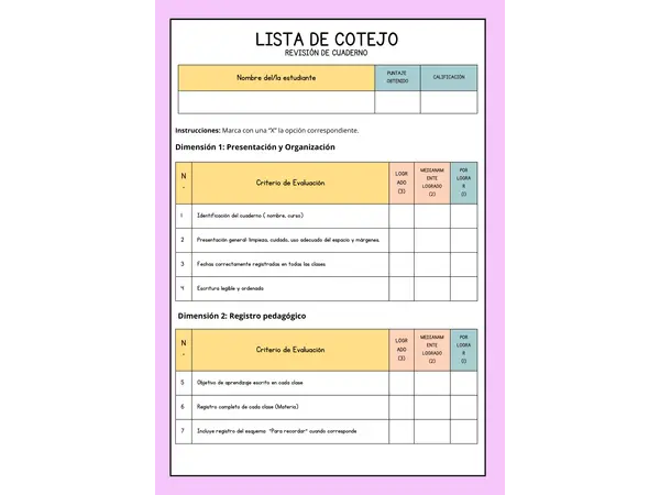 Lista de Cotejo para revisión de cuaderno