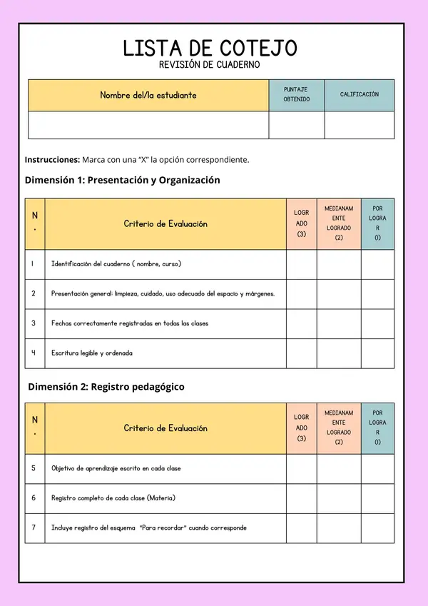 Lista de Cotejo para revisión de cuaderno