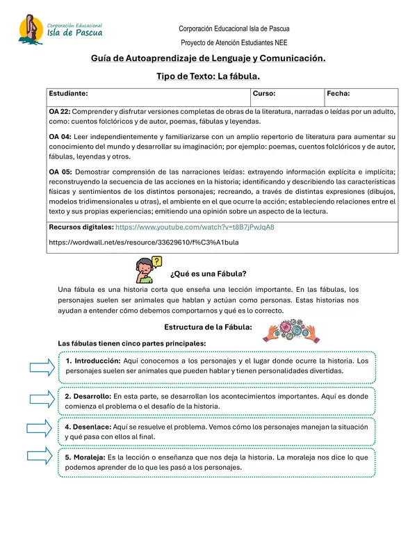 Guía de Autoaprendizaje de Lenguaje y Comunicación. Tipo de Texto: La fábula.