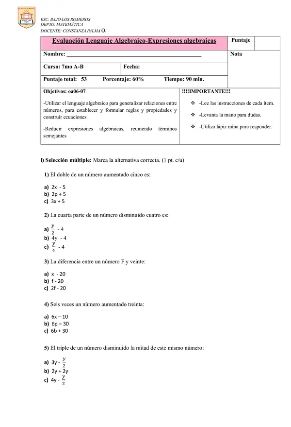 Evaluación de Lenguaje algebraico 7mo