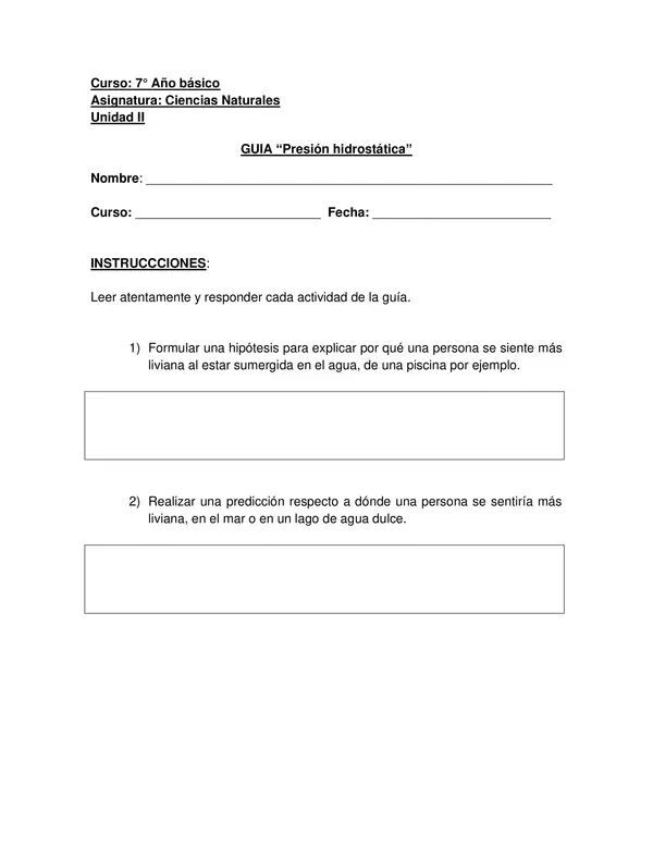 GUIA PRESION HIDROESTATICA, SEPTIMO BASICO, CIENCIA NATURALES CON SOLUCION