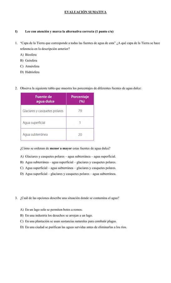 evaluacion ciencias agua quinto básico