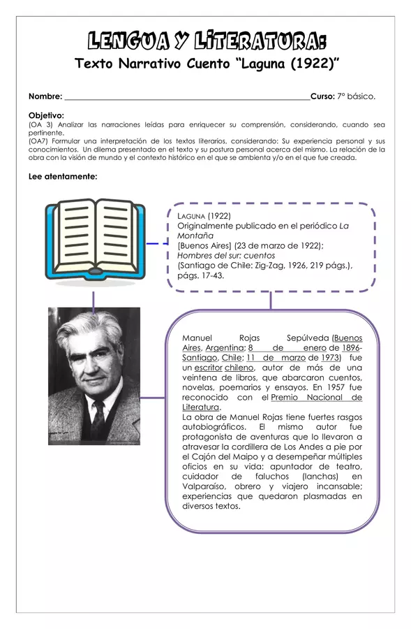 Guía de trabajo - Comprensión lectora "La Laguna 1922) - 7° básico (Lengua y literatura)