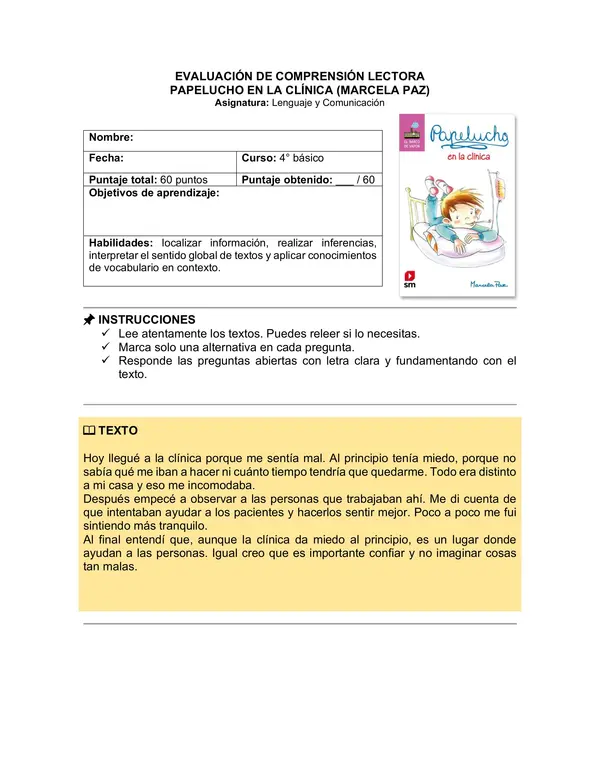 Prueba del libro "Papelucho en la clínica" (Marcela Paz)