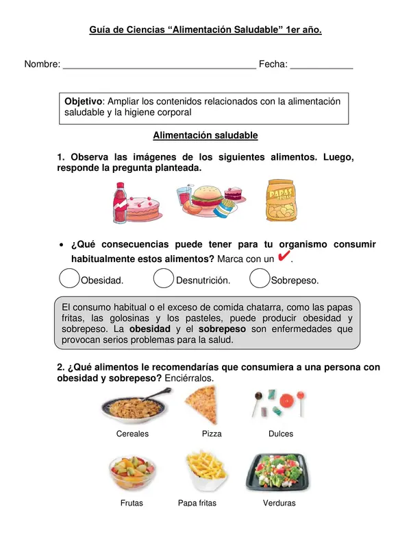 Guía de Ciencias "Alimentación saludable" Primer año básico.