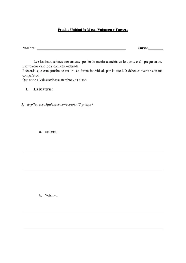 Prueba de unidad: masa, volumen y fuerzas