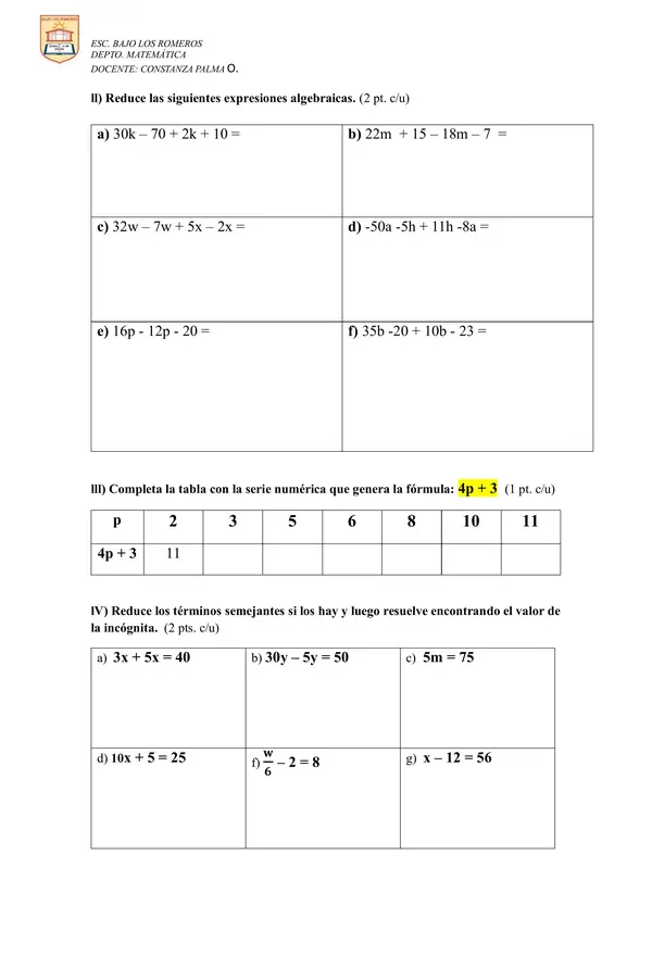 Evaluación de Lenguaje algebraico 7mo