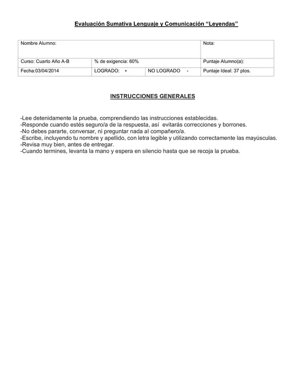 Prueba de comprensión lectora "Leyendas" 4° año básico