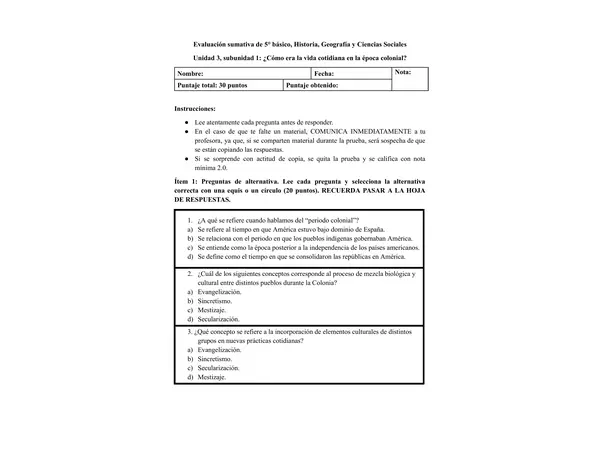 5° Prueba "La vida colonial"