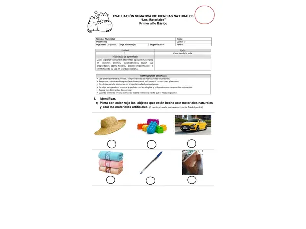 Prueba de Ciencias Primero básico  EDITABLE "LOS materiales" 