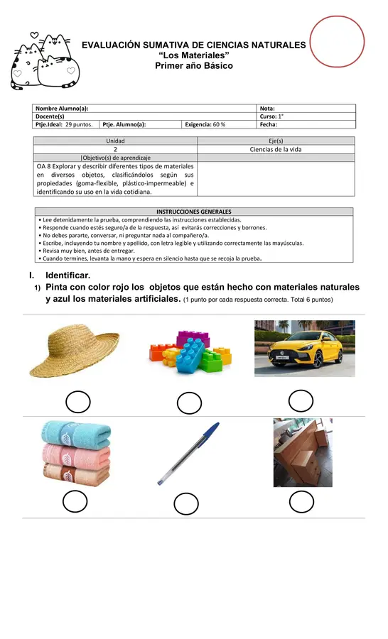Prueba de Ciencias Primero básico  EDITABLE "LOS materiales" 