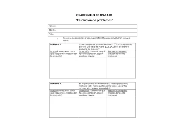 Resolución de problemas matemáticos (sumas y restas) y desafíos de multiplicación - 3° básico