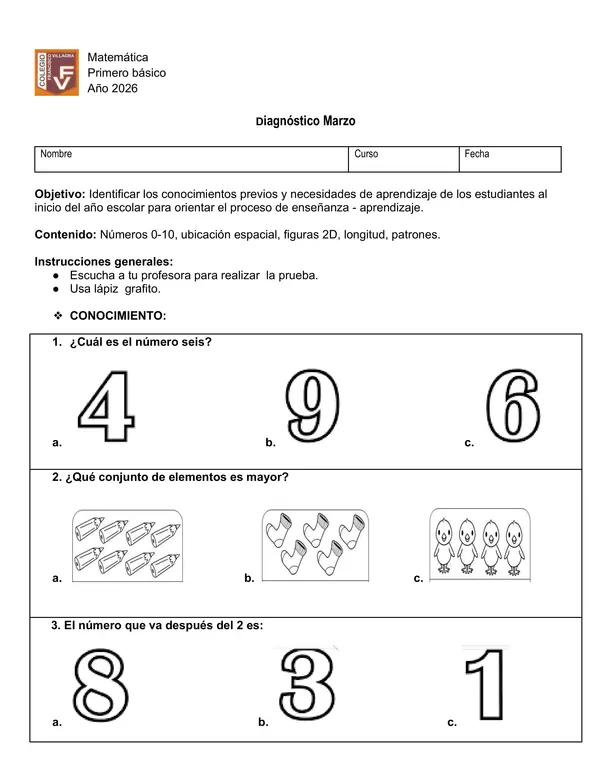 Evaluación diagnóstica matemática primero básico 1º