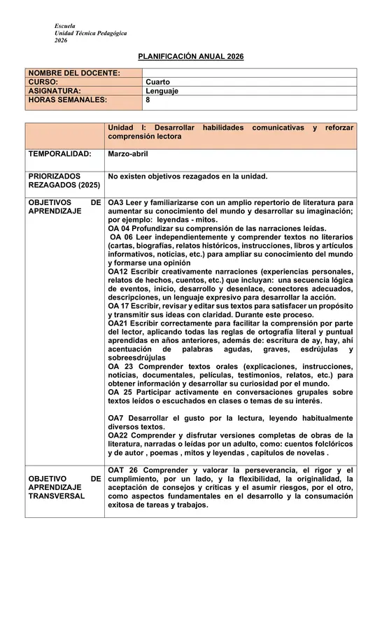 PLANIFICACION ANUAL LENGUAJE CUARTO BÁSICO (CURRICULUM VIGENTE 2026)
