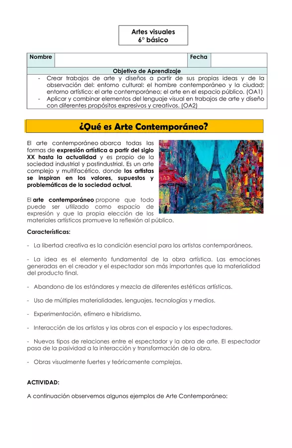 Artes visuales - Arte contemporáneo 1 - 6° básico