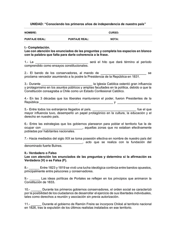 Evaluacion de Historia y Geografia 6 Basico: la independencia de Chile