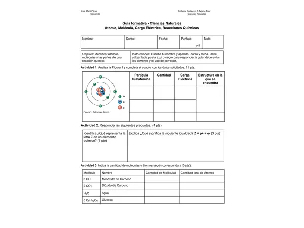 Guía Formativa: Átomo, Moléculas y Reacciones Químicas
