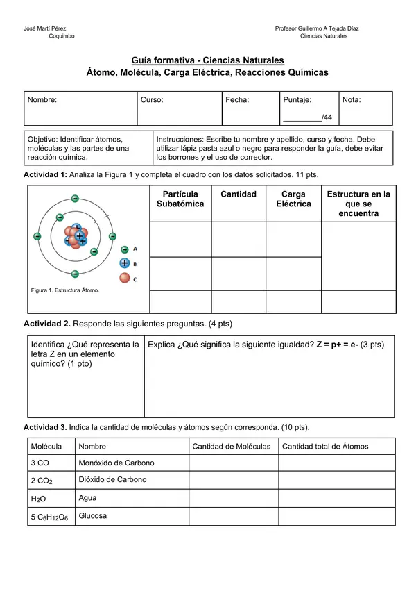 Guía Formativa: Átomo, Moléculas y Reacciones Químicas