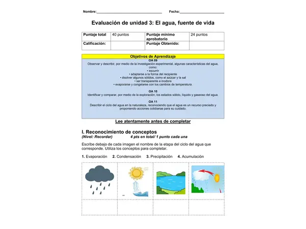 Evaluación de Unidad 3: El agua, fuente de vida (2° básico)