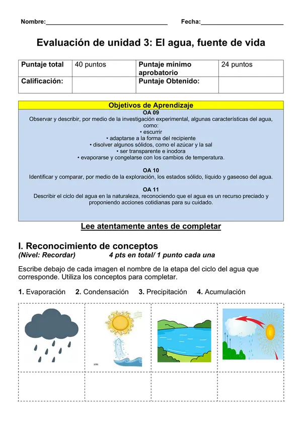 Evaluación de Unidad 3: El agua, fuente de vida (2° básico)