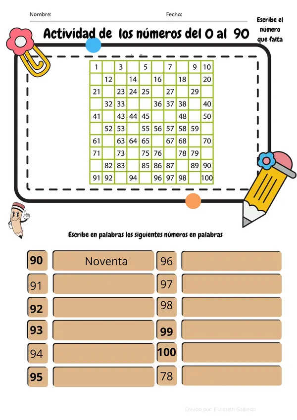 Actividad de los números del 0 al 99