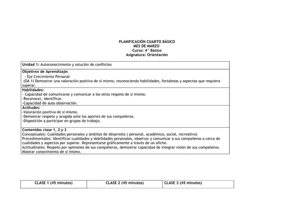 Planificación Clase a Clase: Marzo | Orientación Cuarto Básico