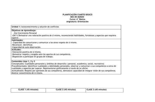 Planificación Clase a Clase: Marzo | Orientación Cuarto Básico