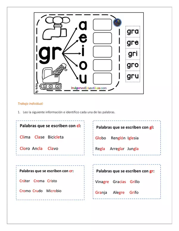 Guía lengua castellana "Combinaciones cl, cr, gl y gr" 