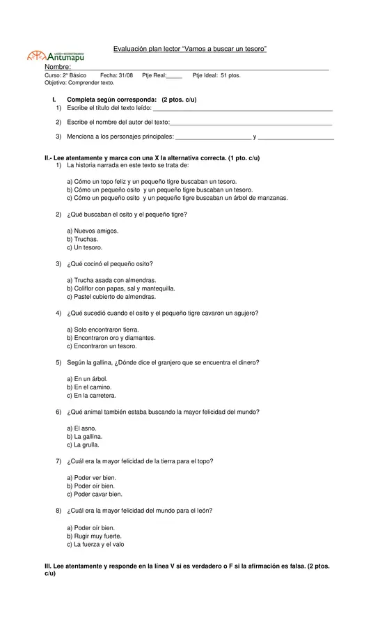 Evaluación "Vamos a buscar un tesoro"