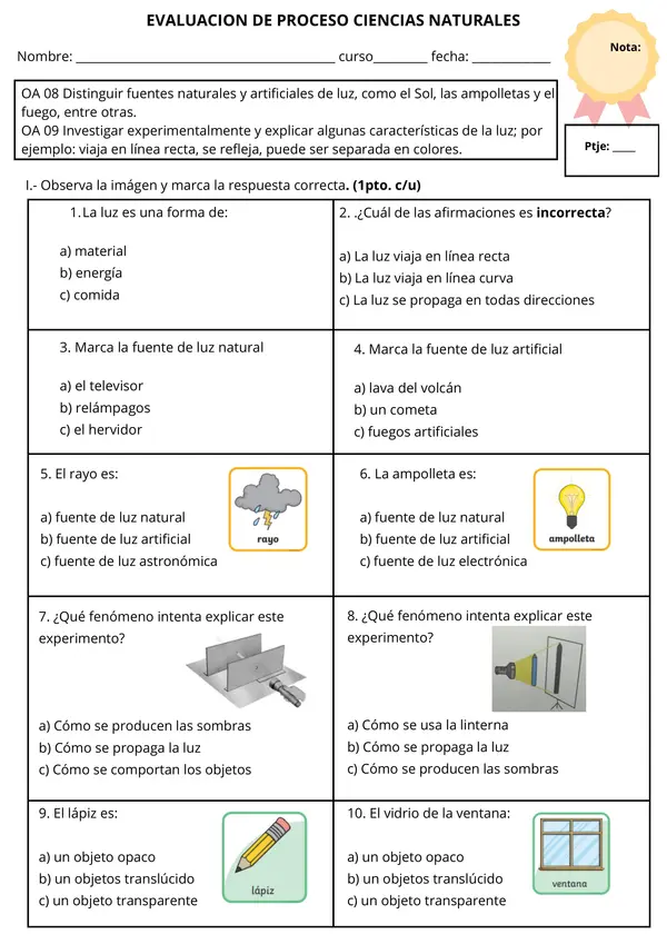 Evaluación de Ciencias: La Luz  3° - 6° Básico | Ciencias Naturales