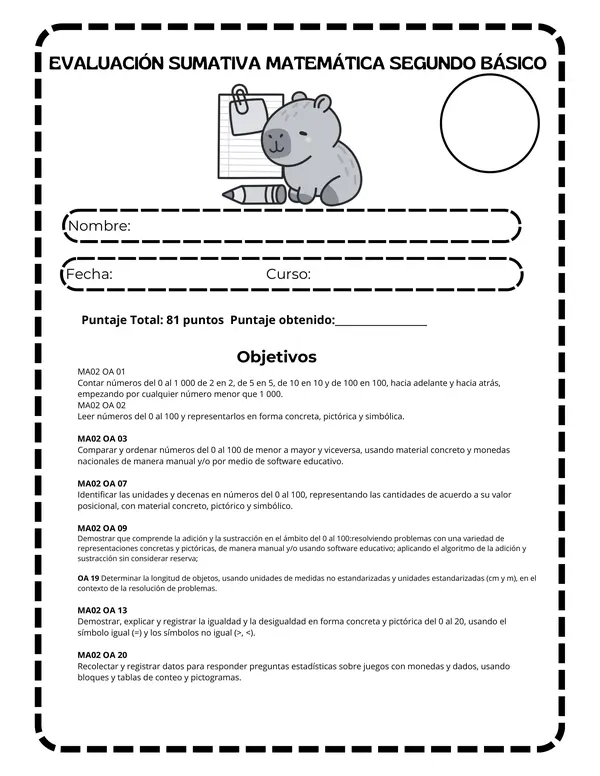 Evaluación Sumativa de Matemática - 2° Básico (Números, Geometría y Datos)
